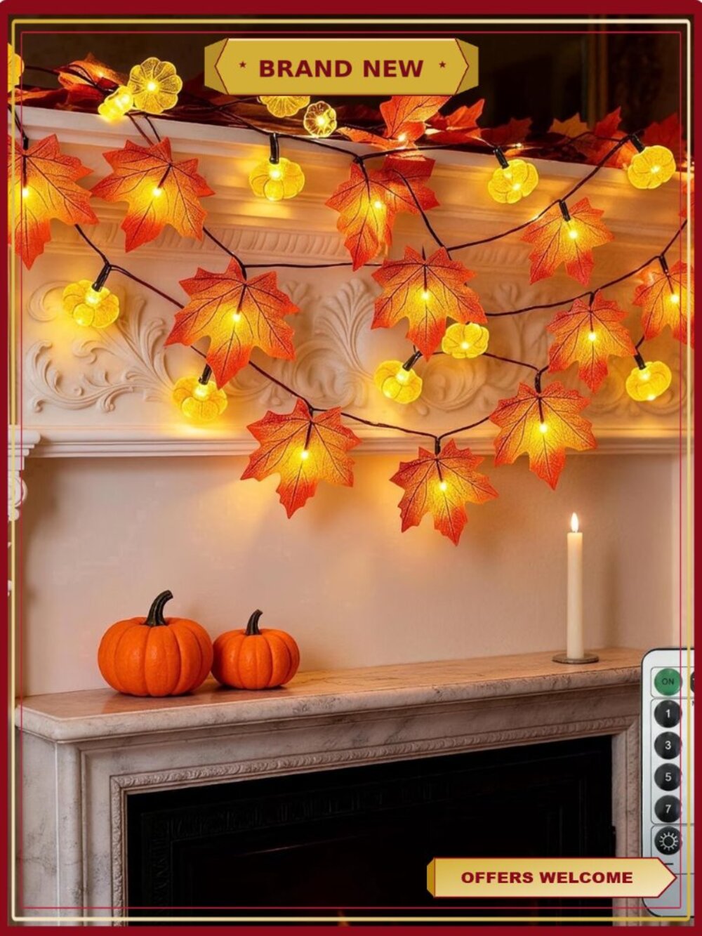 Maple Leaf Pumpkin String Lights 20Ft 40 LED USB 8 Modes Fall Decor
